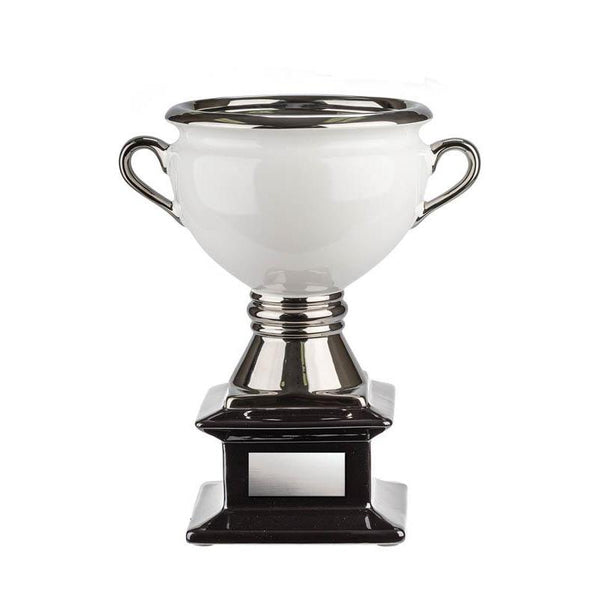 Ceramic Cup, White on Black Base with Silver Handles-D&G Trophies Inc.-D and G Trophies Inc.