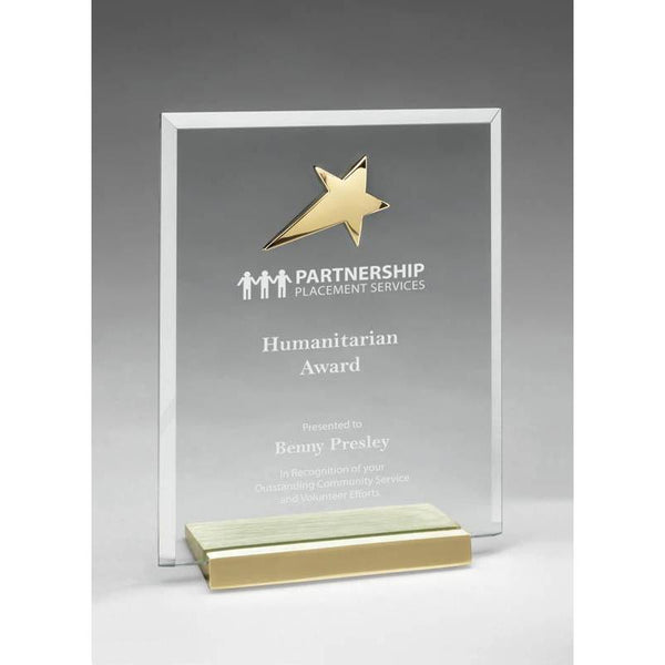 Clear Glass Plaque w Polished Gold Star on Brushed Brass Base, 6"-D&G Trophies Inc.-D and G Trophies Inc.