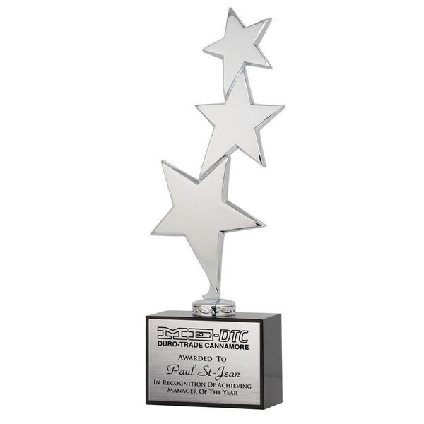 Polished Silver 3 Stars on Black Crystal Block, 11.5"-D&G Trophies Inc.-D and G Trophies Inc.