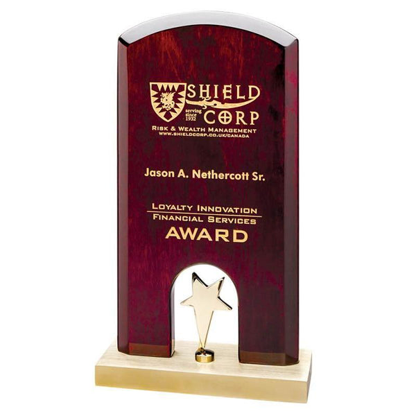 Rounded Top Rosewood Plaque on Gold Base w Gold Star, 8.5"-D&G Trophies Inc.-D and G Trophies Inc.